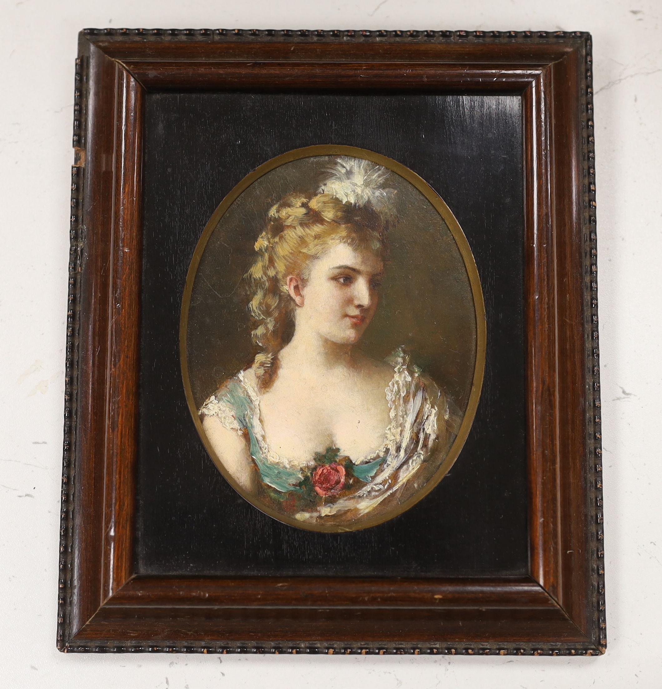Continental School, oval portrait miniature, oil on board, Study of a beauty, 13 x 9.5cm